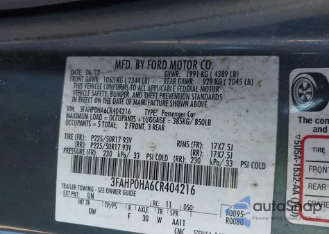 2012 Ford Fusion Se из США, поврежденный, VIN 3FAHP0HA6CR404216